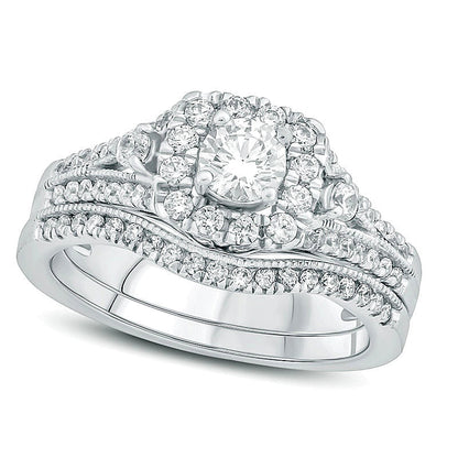 1.0 ct. Gesamtgewicht Diamant Brautset mit Kissenschliff-Rahmen im Vintage-Stil in 10K Weißgold