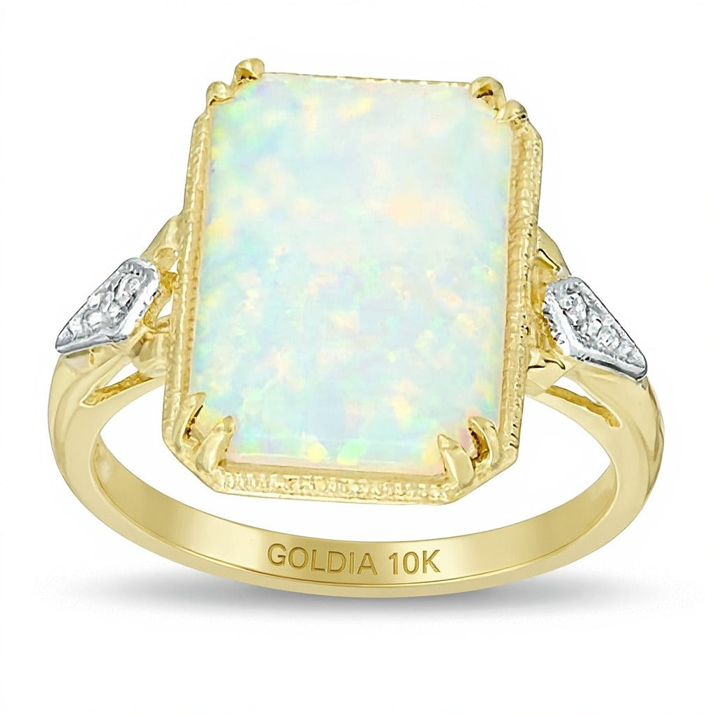 Fashion-Ring mit rechteckigem Labor-Opal und Diamant-Besatz in 10K Gold