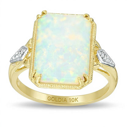 Fashion-Ring mit rechteckigem Labor-Opal und Diamant-Besatz in 10K Gold