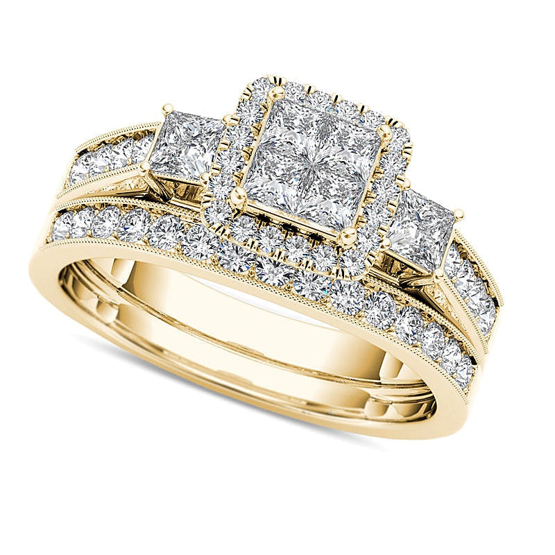 1.0 CT. TW Braut-Set mit Diamanten im Princess- und Rundschliff im Vintage-Stil in 14K Gelbgold