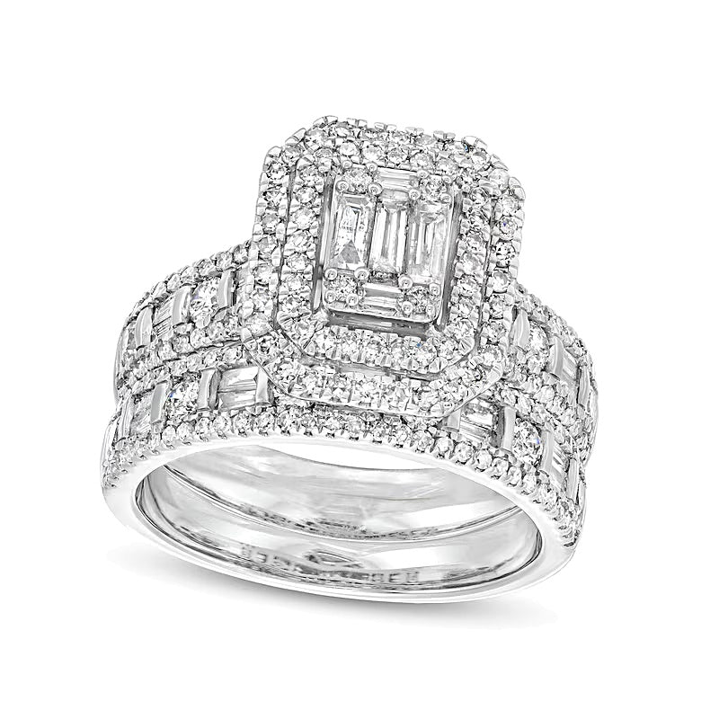 Braut-Set mit weißen Diamanten im Baguette-, Smaragdschliff- und Rundschliff, 1.5 ct. Gesamtgewicht, in 14K Weißgold
