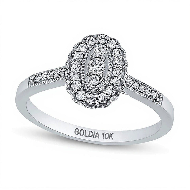 Vintage-Ring mit ovaler Diamant-Anordnung im Muschelrahmen 0,2 ct. Gesamtgewicht in 10K Weißgold