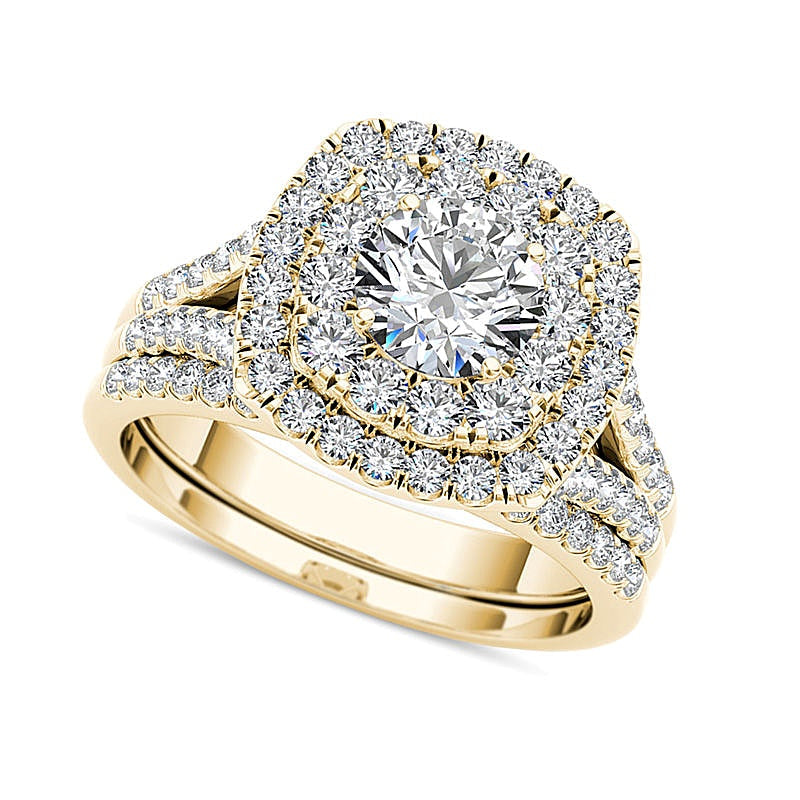 Diamant-Brautset mit doppeltem Kissenschliff-Rahmen und geteiltem Ring in 14K Gelbgold, 2.0 ct. Gesamtgewicht