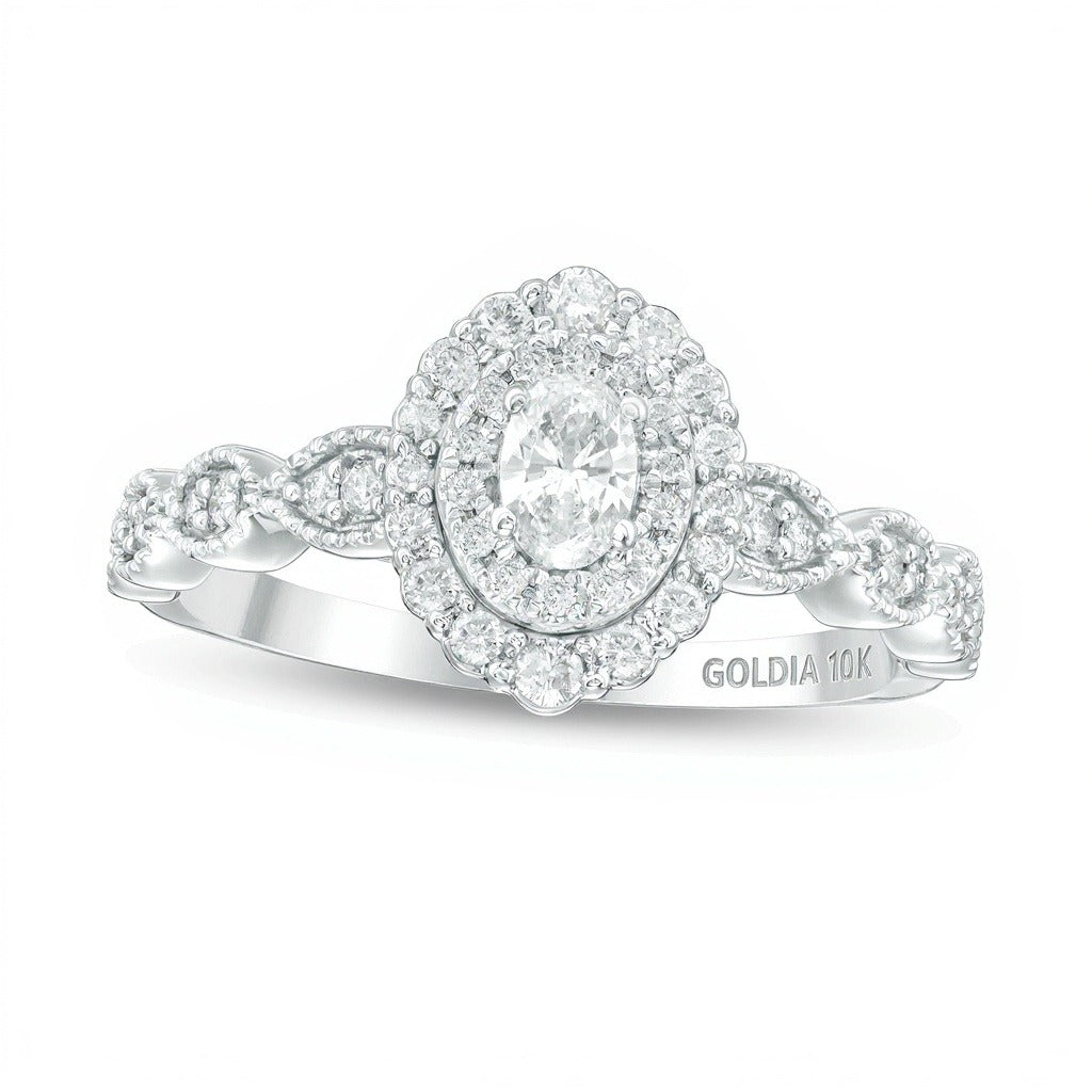0.38 ct. Gesamtgewicht Verlobungsring mit Diamanten in Oval- und Rundschliff, Halo im Art-déco-Vintage-Stil, aus 10K Weißgold