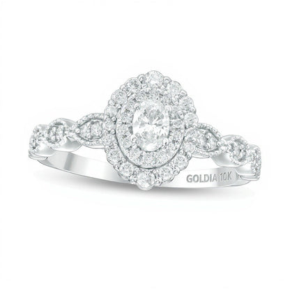0.38 ct. Gesamtgewicht Verlobungsring mit Diamanten in Oval- und Rundschliff, Halo im Art-déco-Vintage-Stil, aus 10K Weißgold