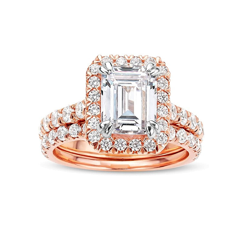 Braut-Set mit Labordiamanten im Smaragdschliff 4.5 ct. Gesamtgewicht in 14K Roségold, Halo (I/SI2)
