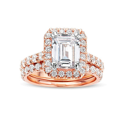 Braut-Set mit Labordiamanten im Smaragdschliff 4.5 ct. Gesamtgewicht in 14K Roségold, Halo (I/SI2)