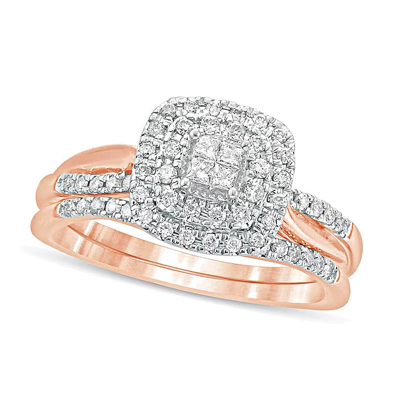 0.38 ct. Gesamtgewicht Braut-Set mit Diamanten im Princess-, Rund- und Kissenschliff, doppelter Kissenschliff-Rahmen und gedrehter Ring, in 10K Roségold