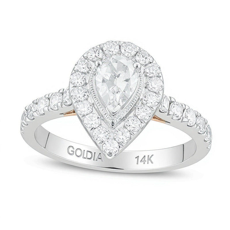 Verlobungsring im Vintage-Stil mit tropfenförmigem Diamant und Halo, 1.5 ct. Gesamtgewicht, 14K Bicolor-Gold