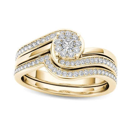 0.5 CT. Gesamtgewicht Komposit-Diamant Blüten-Bypass Brautset in 14K Gelbgold
