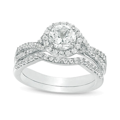 6,0mm Braut-Set mit weißem Labor-Saphir und Criss-Cross-Ringschiene in rhodiniertem Sterlingsilber