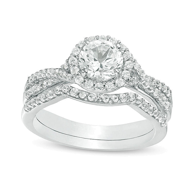 6,0mm Braut-Set mit weißem Labor-Saphir und Criss-Cross-Ringschiene in rhodiniertem Sterlingsilber