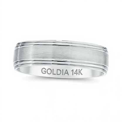 Herren-Ehering 6,0 mm gebürstet mit abgesetzter Kante in 14K Weißgold - Größe 10