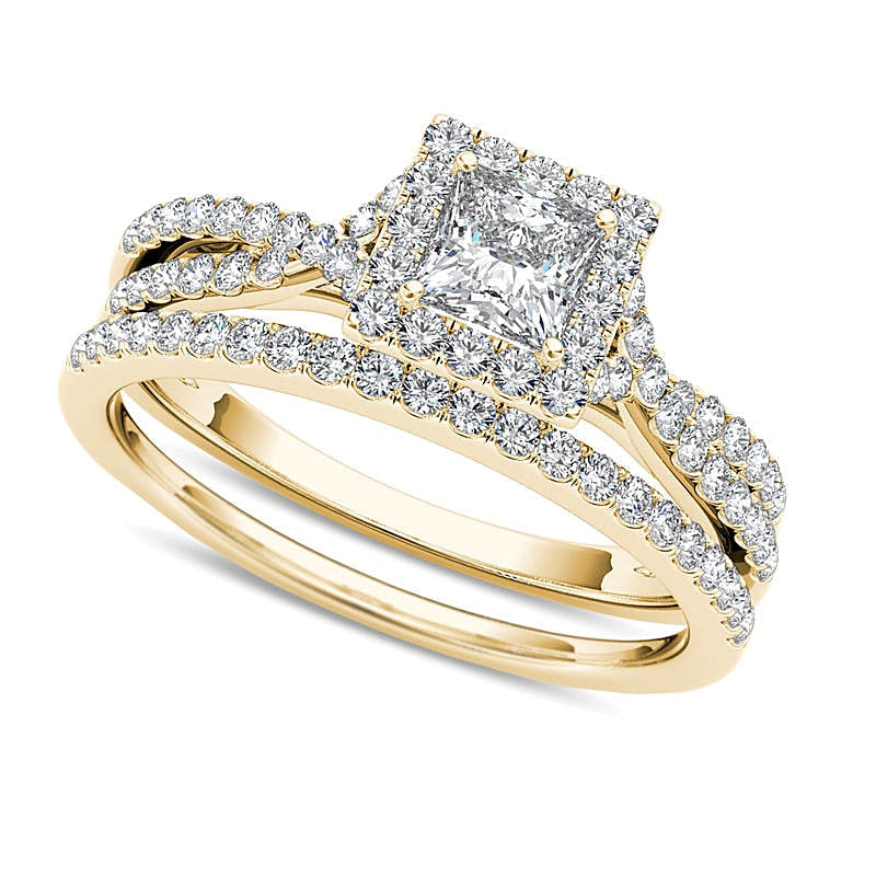 1.0 ct. Gesamtgewicht Braut-Set mit Diamanten im Princess- und Rundschliff in 14K Gelbgold