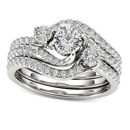0,75 ct. Gesamtgewicht Diamant Dreistein Bypass dreiteiliges Brautset in 14K Weißgold