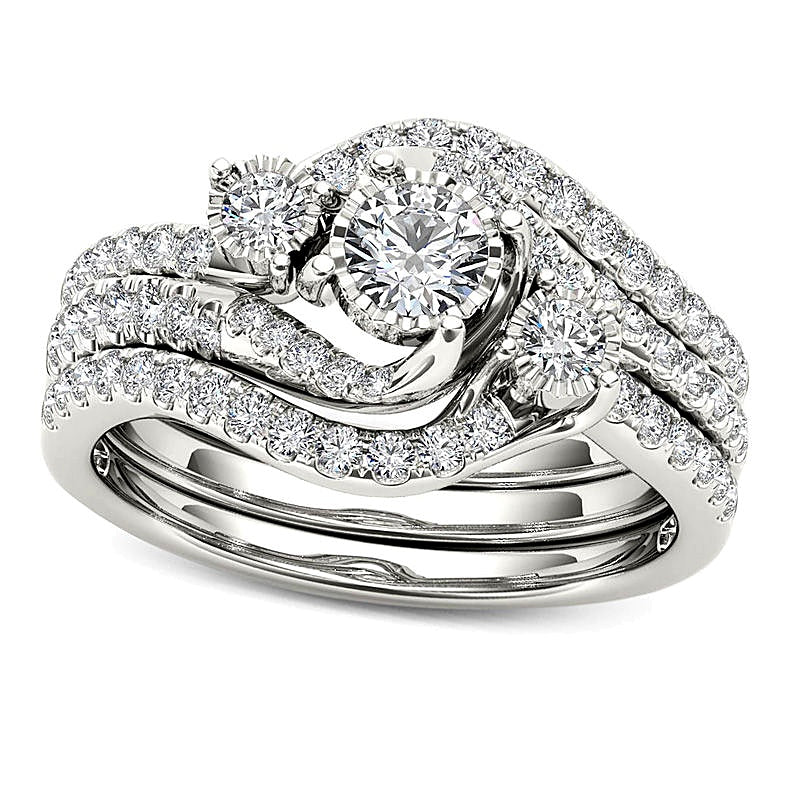 0,75 ct. Gesamtgewicht Diamant Dreistein Bypass dreiteiliges Brautset in 14K Weißgold
