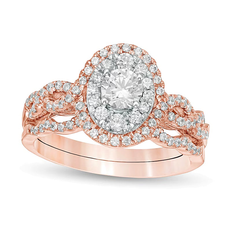 Brautset mit Diamanten in rundem und ovalem Schliff, doppelter ovaler Rahmen mit gedrehter Ringschiene, 10K Roségold, 1.0 ct. Gesamtgewicht, für Damen