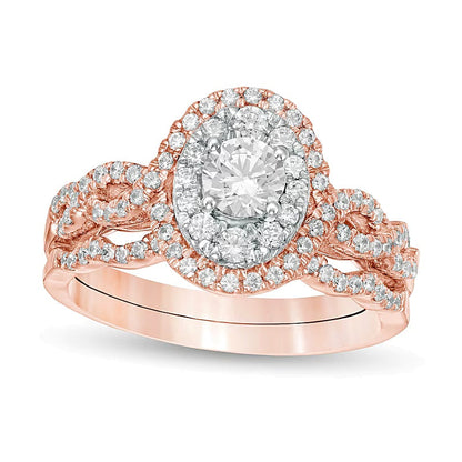 Brautset mit Diamanten in rundem und ovalem Schliff, doppelter ovaler Rahmen mit gedrehter Ringschiene, 10K Roségold, 1.0 ct. Gesamtgewicht, für Damen