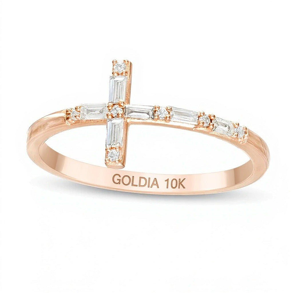 0.17 ct. Gesamtgewicht Ring mit Baguette- und rundem Diamant in Kreuz-Design aus 10K Roségold