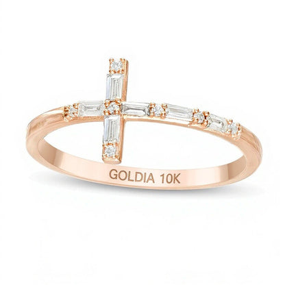 0.17 ct. Gesamtgewicht Ring mit Baguette- und rundem Diamant in Kreuz-Design aus 10K Roségold