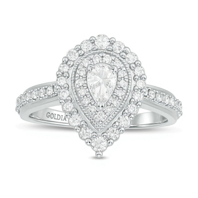 0,63 ct. Gesamtgewicht Verlobungsring Halo mit tropfenförmigen und runden Diamanten in 10K Weißgold
