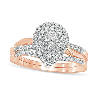 Braut-Set mit Komposit-Diamanten in tropfenförmiger Anordnung, 0.38 ct. Gesamtgewicht, aus 10K Roségold