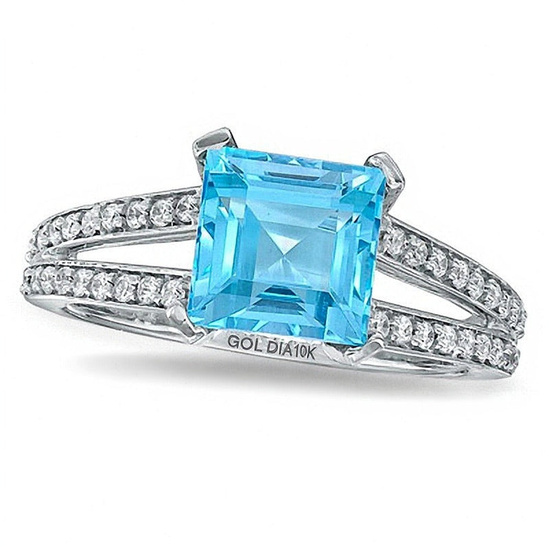Fashion-Ring mit blauem Topas im Princess-Schliff und Diamanten 0,25 ct. Gesamtgewicht in 10K Weißgold
