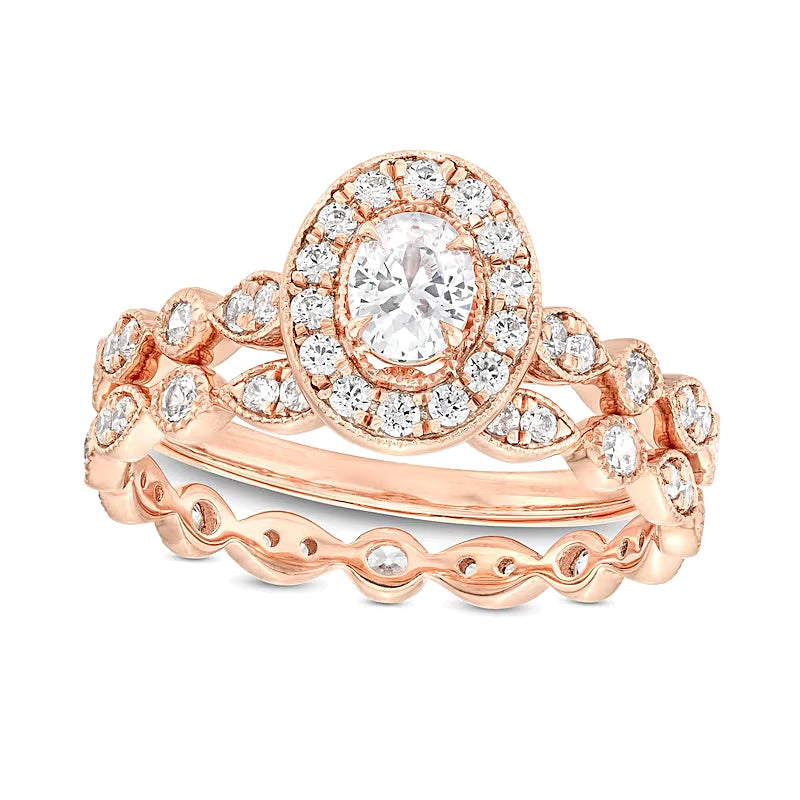 Braut-Set mit ovalem und rundem Diamant im Art-déco-Stil 1.0 ct. Gesamtgewicht in 14K Roségold