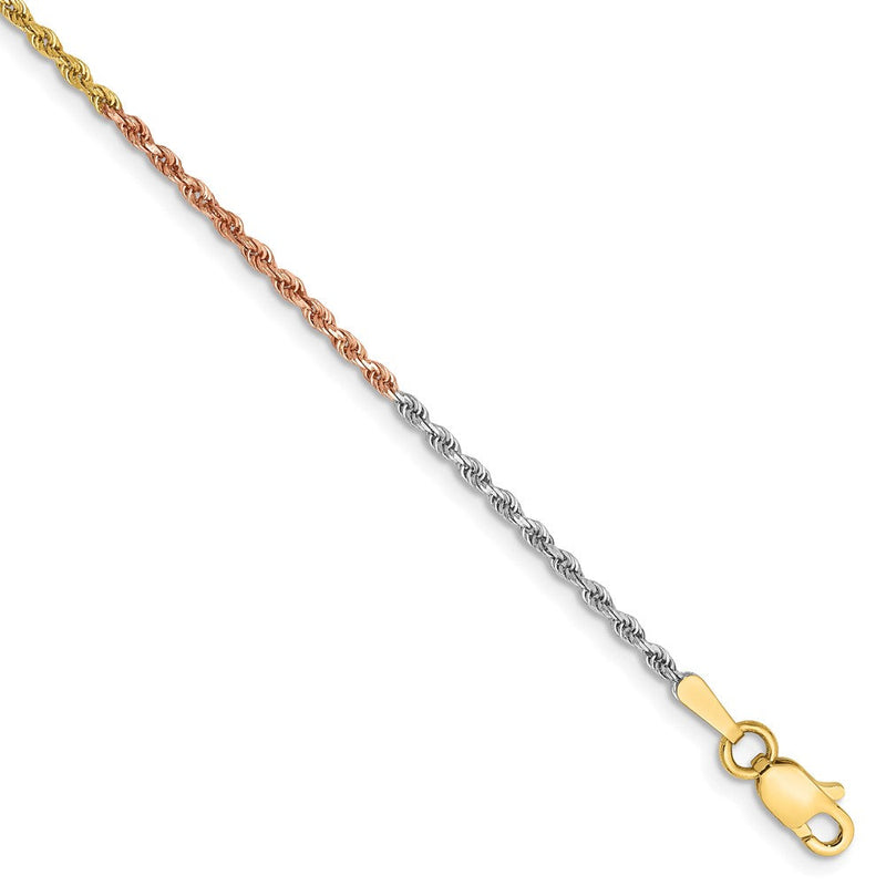 14K Tricolor Tri-colored 1.5mm Diamantiert Kordel mit Karabinerverschluss Gliederarmband