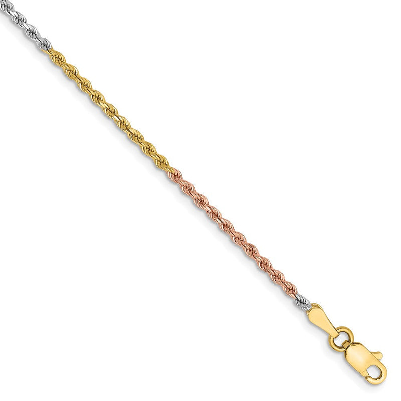 14K Tricolor Tri-colored 1.75mm Diamantiert Kordel mit Karabinerverschluss Gliederarmband
