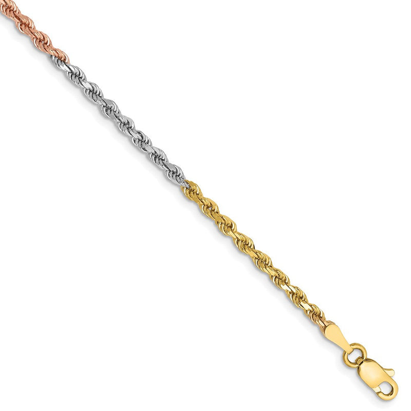 14K Tricolor Tri-colored 2.5mm Diamantiert Kordel mit Karabinerverschluss Gliederarmband