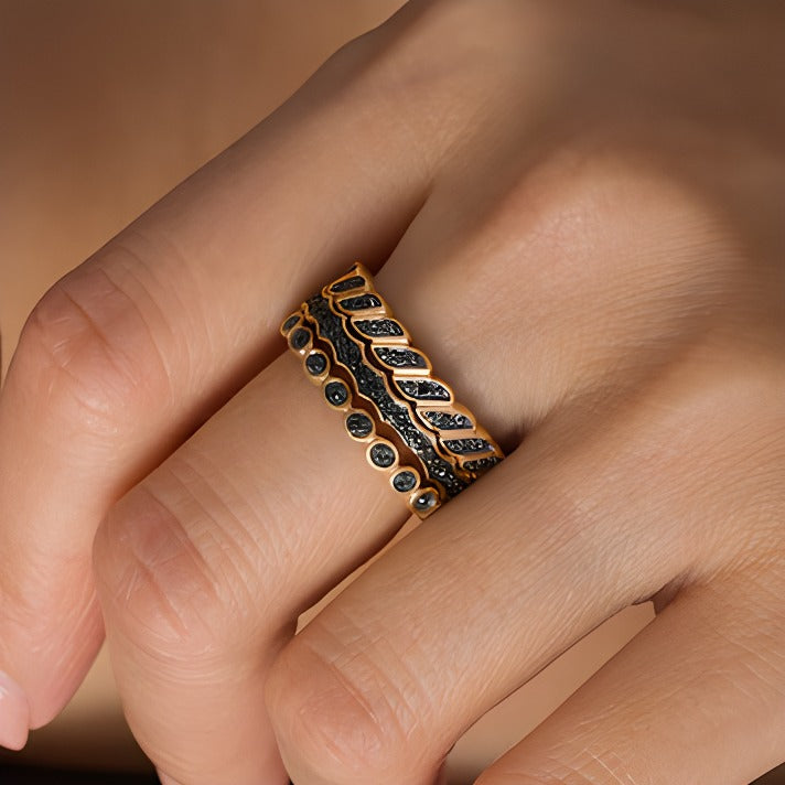 0,25 ct. Gesamtgewicht schwarzer Diamant Dreier-Set Ringe zum Stapeln, geometrisch, in Sterlingsilber mit 14K Gold vergoldet