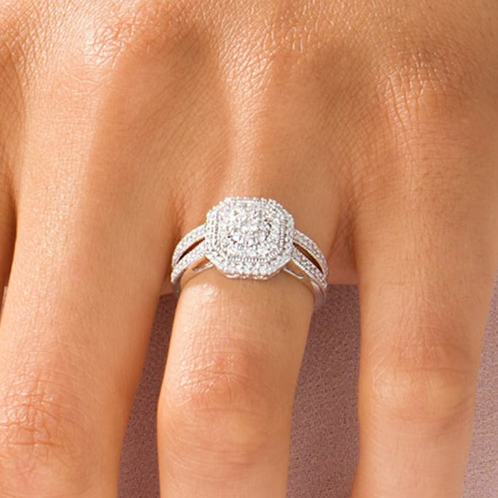 0.5 ct. Gesamtgewicht Komposit-Verlobungsring mit Diamanten, achteckigem Rahmen im Vintage-Stil und geteilter Schiene in 10K Weißgold
