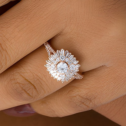 1.0 CT. TW Halo-Ring mit Diamanten in Baguette und rund in 14K Roségold