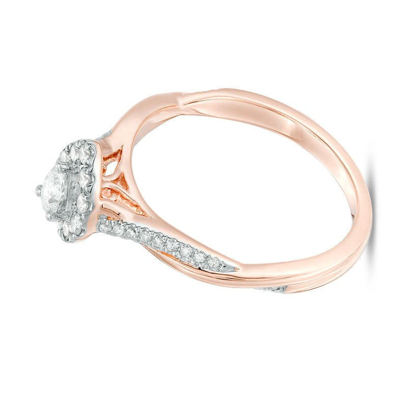 0.38 ct. Gesamtgewicht Verlobungsring Halo mit tropfenförmigem und rundem Diamant in 10K Roségold