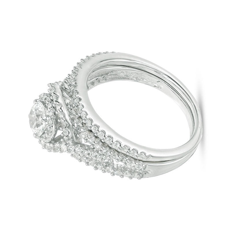 5,0mm Braut-Set mit weißem Labor-Saphir, Bypass-Swirl und geteiltem Ringkopf aus rhodiniertem Sterlingsilber