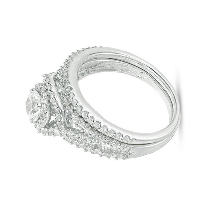 5,0mm Braut-Set mit weißem Labor-Saphir, Bypass-Swirl und geteiltem Ringkopf aus rhodiniertem Sterlingsilber
