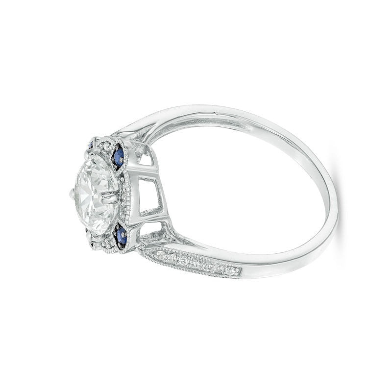 Halo-Ring im Vintage-Stil mit weißem und blauem Saphir (Labor) und Diamant 0,13 ct. Gesamtgewicht in rhodiniertem Sterlingsilber