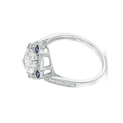 Halo-Ring im Vintage-Stil mit weißem und blauem Saphir (Labor) und Diamant 0,13 ct. Gesamtgewicht in rhodiniertem Sterlingsilber