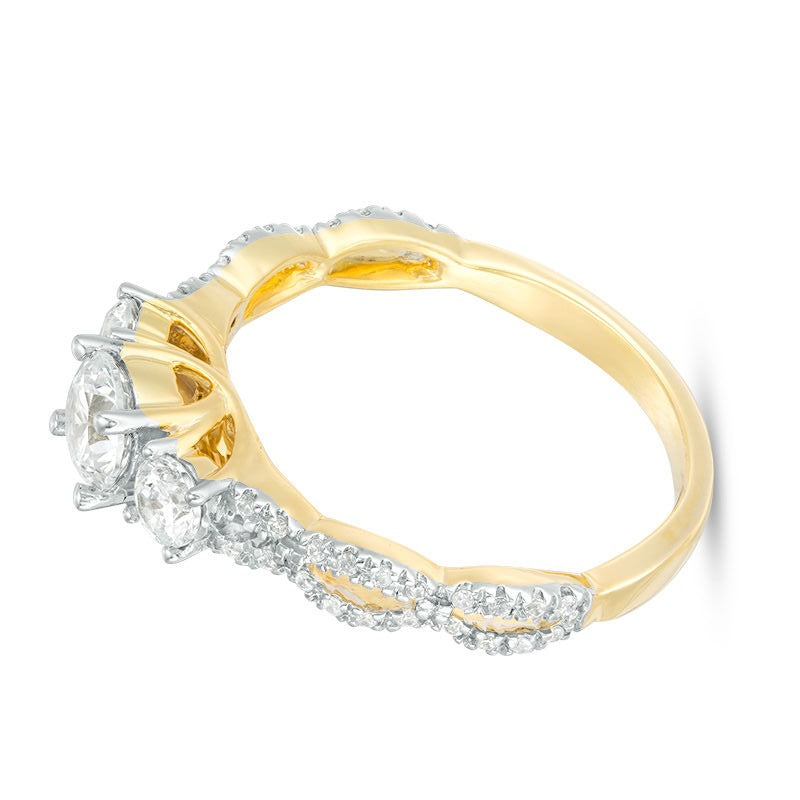Dreistein-Verlobungsring mit Diamanten 1.0 CT. Gesamtgewicht in 10K Gelbgold