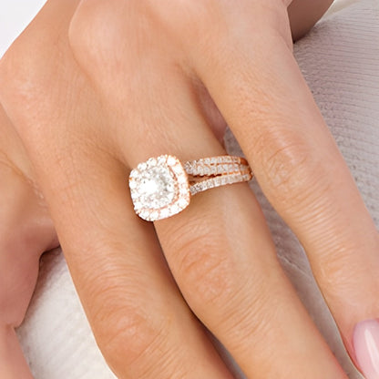 Brautset mit Diamanten 1.0 ct. Gesamtgewicht, rund & Kissenschliff, mehrreihig, in 10K Roségold