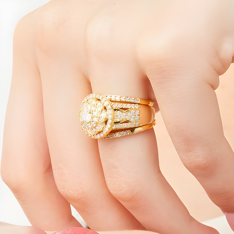 Brautset mit Diamanten 1.5 ct. Gesamtgewicht im keltischen Blumen-Design in 10K Gelbgold