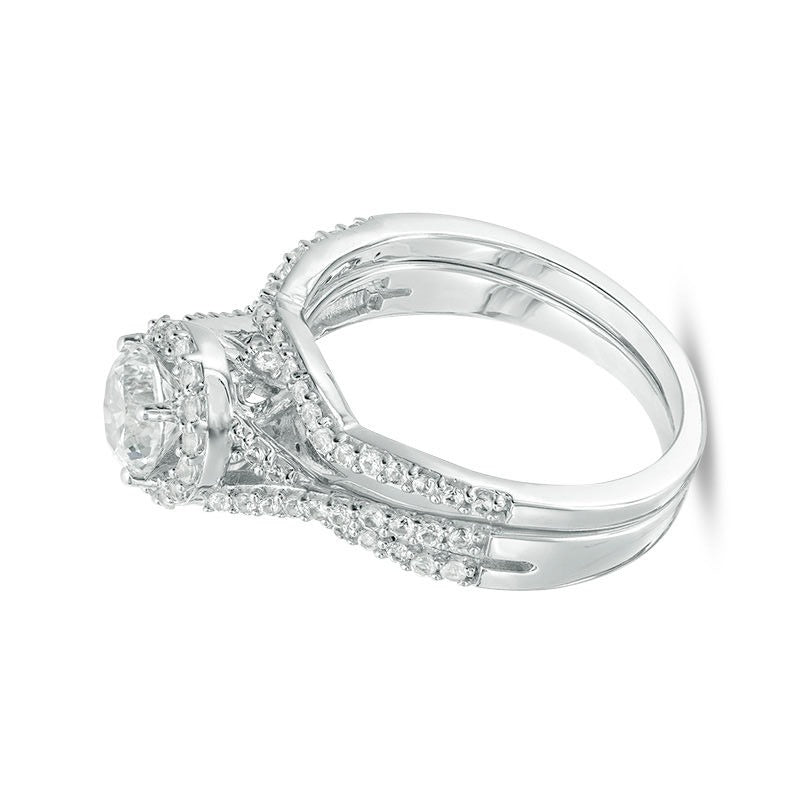 6,0mm Braut-Set mit weißem Labor-Saphir und Criss-Cross-Ringschiene in rhodiniertem Sterlingsilber