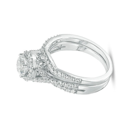 6,0mm Braut-Set mit weißem Labor-Saphir und Criss-Cross-Ringschiene in rhodiniertem Sterlingsilber