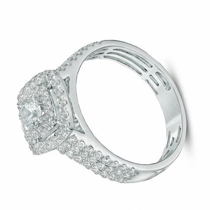 1.0 CT. TW Diamant-Verlobungsring mit doppeltem Halo und drei Reihen in 14K Weißgold