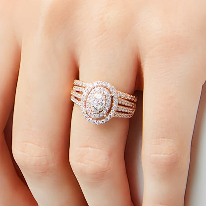 Braut-Set mit Diamanten im ovalen und runden Schliff, dreireihig mit geteiltem Ringschienen-Design in 10K Roségold, 1.0 ct. Gesamtgewicht