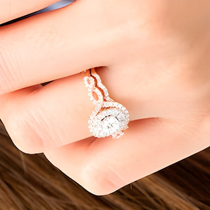 Brautset mit Diamanten in rundem und ovalem Schliff, doppelter ovaler Rahmen mit gedrehter Ringschiene, 10K Roségold, 1.0 ct. Gesamtgewicht, für Damen