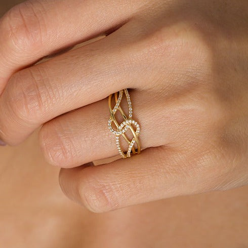 0.17 ct. Gesamtgewicht Diamant Layered Crossover Ring mit Schlaufen in 10K Gelbgold