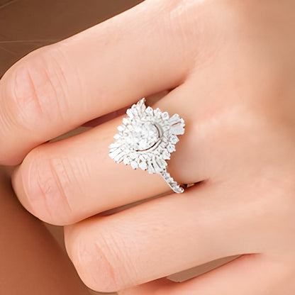 1.25 ct. Gesamtgewicht Komposit-Diamant Cocktail-Ring mit ovalem Starburst-Rahmen in 14K Weißgold