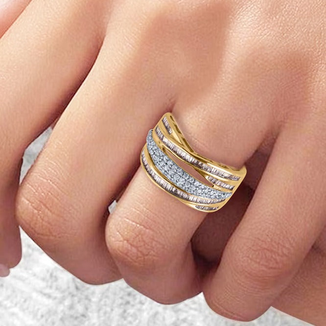 0.63 ct. Gesamtgewicht Champagner- und weißer Diamant mehrreihiger Criss-Cross Ring in 10K Gelbgold